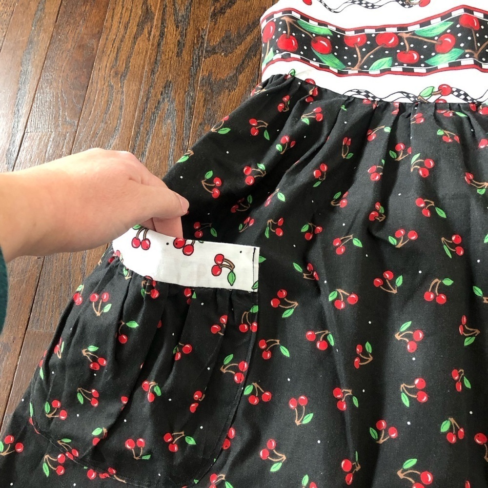 Vintage Girls 8-10 Black/Red Cherries A-Line Sleeveless Midi Dress w/Pockets - Picture 3 of 10